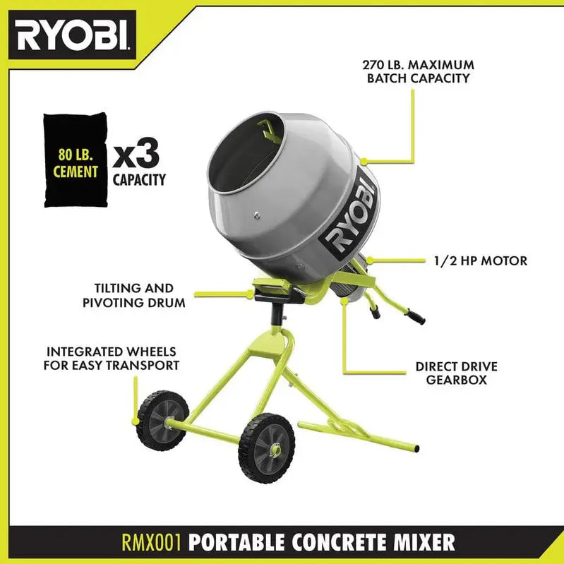 Portable 5.0 Cu. Ft. Concrete Mixer  Compact Drum Mixer for DIY & Small-Scale Projects (RMX001)