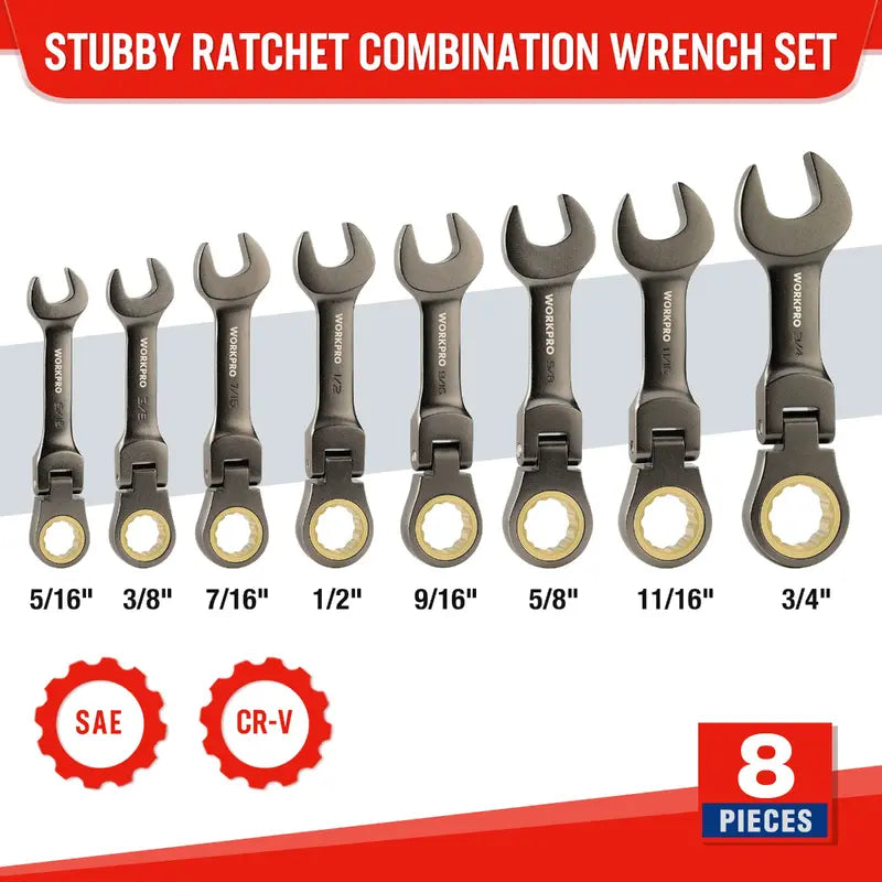 WORKPRO 8-Piece Stubby Flex-Head Ratcheting Combination Wrench Set