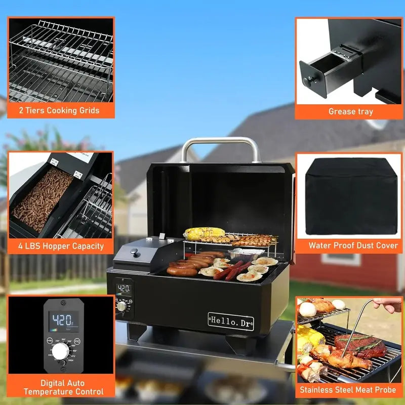 Portable Electric Pellet Grill & Smoker  8-in-1 Tabletop BBQ for RVs, Camping & Tailgates with Smart Temp Control & Steam Tech