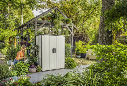 Keter Premier Vertical Storage Shed  Heavy-Duty Resin Outdoor Cabinet with Floor, Lockable Double Doors & Weather-Resistant Grey Finish