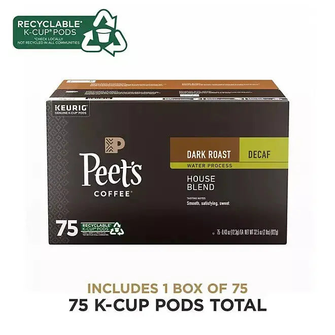 Peet’s Coffee Decaf Dark Roast K-Cup Pods, House Blend, 75 Count  Rich Flavor, Keurig Compatible