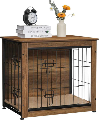 DWANTON Wooden Dog Crate Furniture with Cushion, Multi-Functional Pet Crate & Side Table, Durable & Chew-Resistant, Double Doors, Adjustable Feet