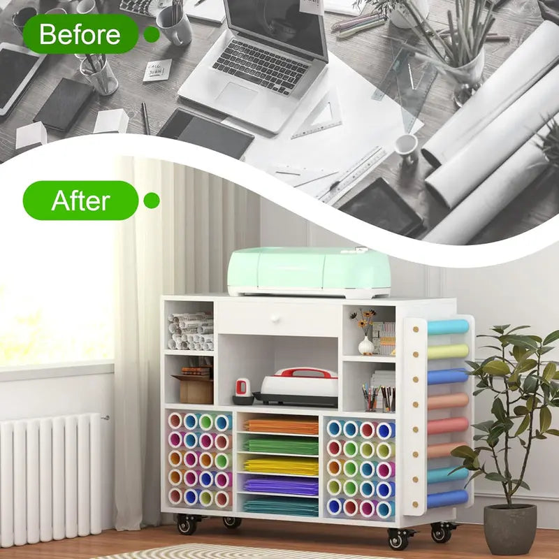 Rolling Craft Storage Cart for Cricut Machines  Mobile Workstation with Large Drawer, 48-Spool Vinyl Holder & Tabletop Surface