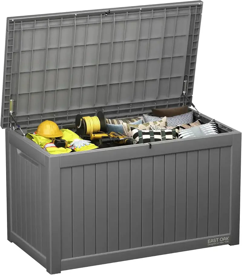 EAST OAK 60-Gallon Weatherproof Deck Box — Resin Outdoor Storage Bin for Patio or Garage