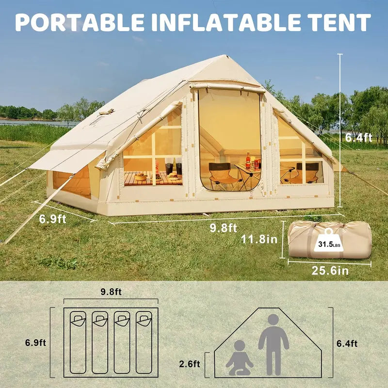 6-Person Inflatable Camping Tent  10′ x 7′ Glamping Cabin, Waterproof & Windproof, Mesh Ventilation, Easy Setup (sgtnighsdesigns)