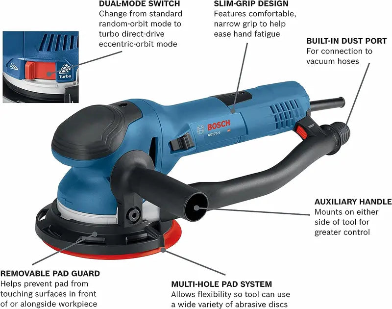 GET75-6N Electric Orbital Sander by Power Tools, 7.5 Amp, Corded, 6″ Disc, Dual Modes for Woodworking & Polishing