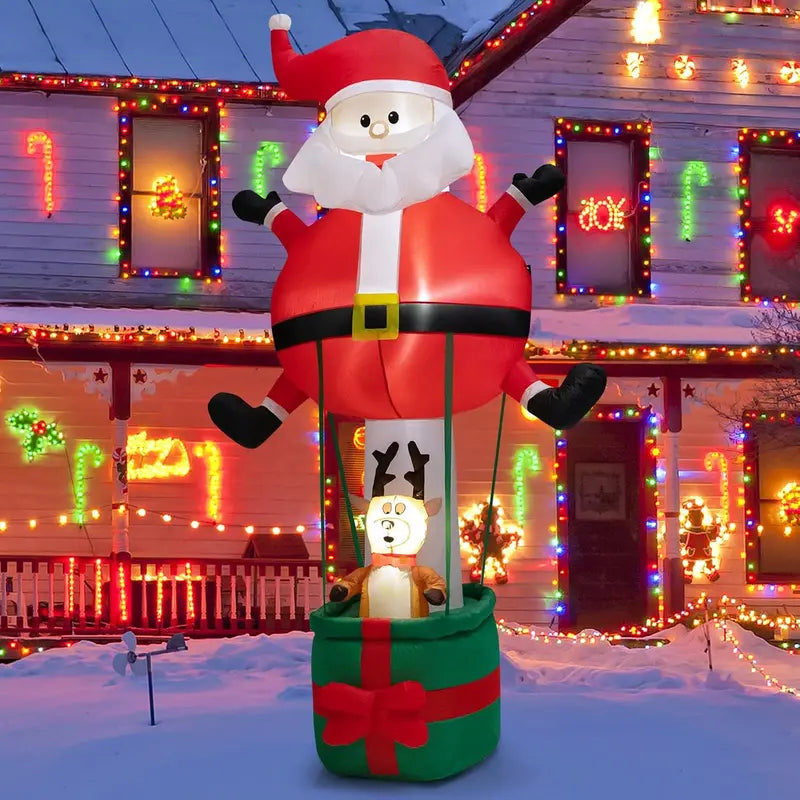 Tangkula 8FT Inflatable Christmas Santa Claus with Hot Air Balloon & Reindeer, LED Lights, Self-Inflating Outdoor Decor