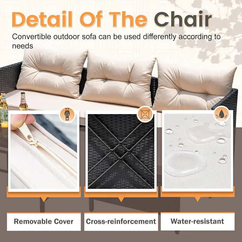 Devoko 3-Piece Beige L-Shaped Rattan Patio Sectional with All-Weather Cushions and Glass Table