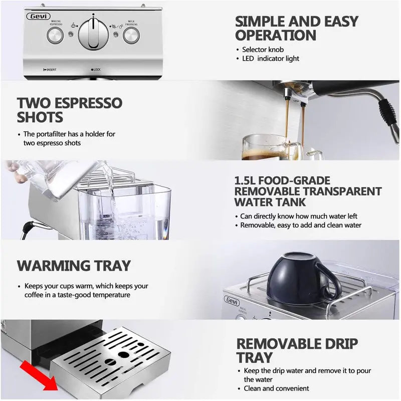 Gevi Silver 15-Bar Stainless Steel Espresso Machine with Frothing Wand  Cappuccino Maker