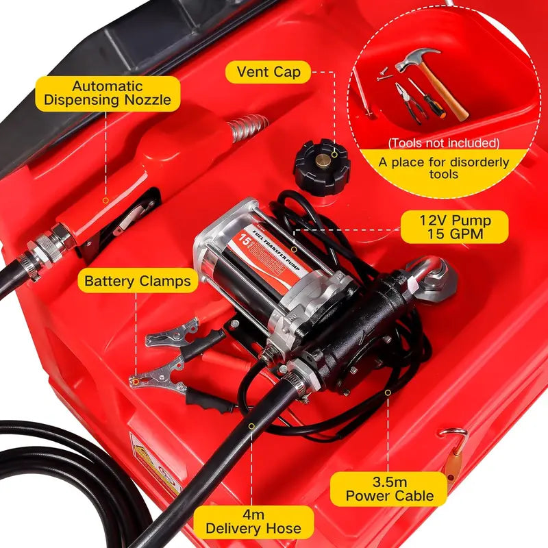 48-Gallon Portable Fuel Transfer Tank  12V DC Self-Priming Pump, 15 GPM Flow Rate, 13.1 ft Hose & Auto-Nozzle for Gasoline & Diesel