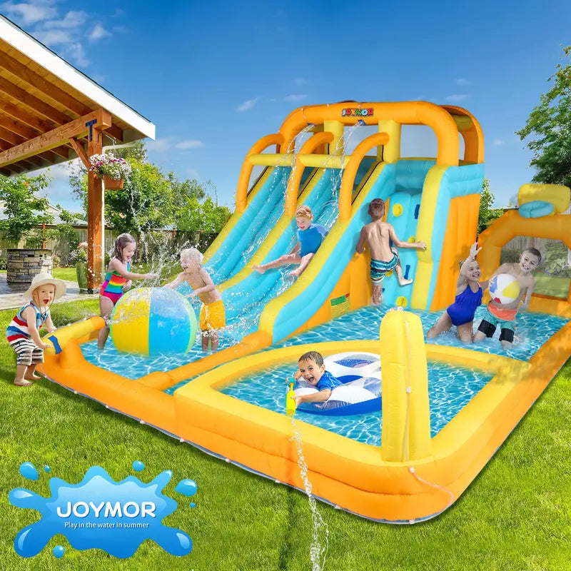 JOYMOR 8-in-1 Inflatable Water Slide Park w/ Splash and Deep Pool, , Climbing Wall, Giant Blow up Bounce House for Kids Backyard Party Age 3-12 (Included 750w Blower), Plastic, Child
