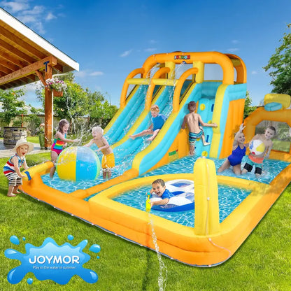 JOYMOR 8-in-1 Inflatable Water Slide Park w/ Splash and Deep Pool, , Climbing Wall, Giant Blow up Bounce House for Kids Backyard Party Age 3-12 (Included 750w Blower), Plastic, Child