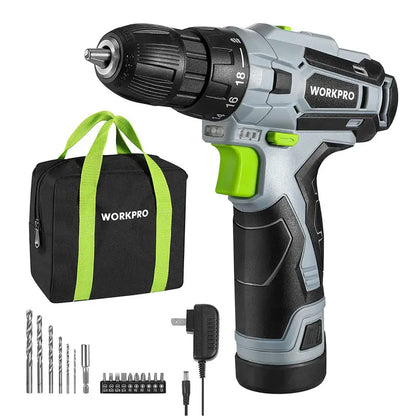 WORKPRO 12V Keyless Chuck Cordless Drill Driver with Charger and Carry Bag