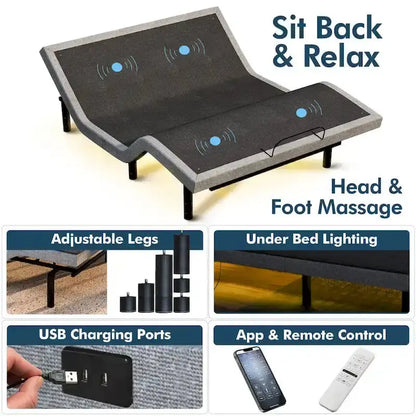 Adjustable Smart Bed Frame with Gel-Infused Memory Foam Mattress, Dual Massage, USB Charging, App & Remote Control