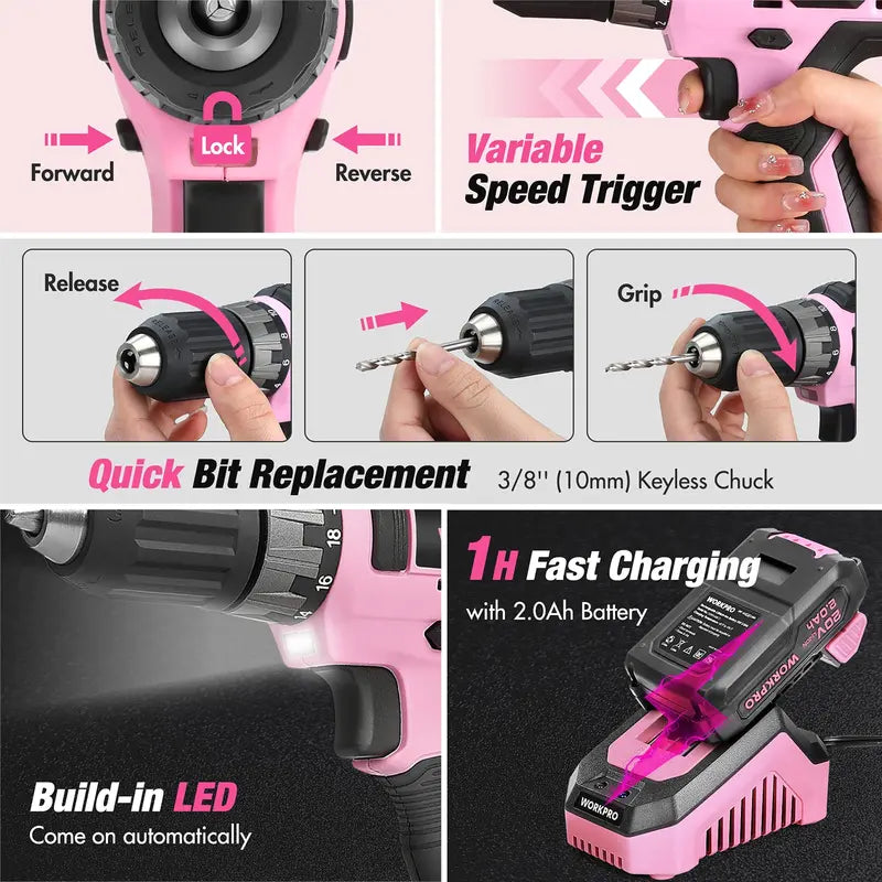 WORKPRO 157-Piece Household Tool Kit with 20V Cordless Drill Driver  Pink Ribbon Edition