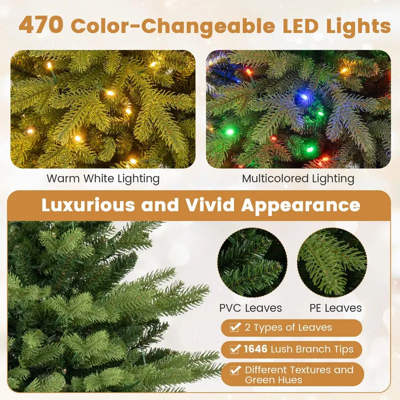Full-Bodied 7-Foot Hinged Artificial Christmas Tree with 470 Warm White & Multi-LED Lights