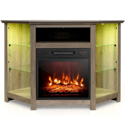 Costway Electric Fireplace TV Stand  LED-Lit Media Console with 18″ Heater & Adjustable Flame Effects