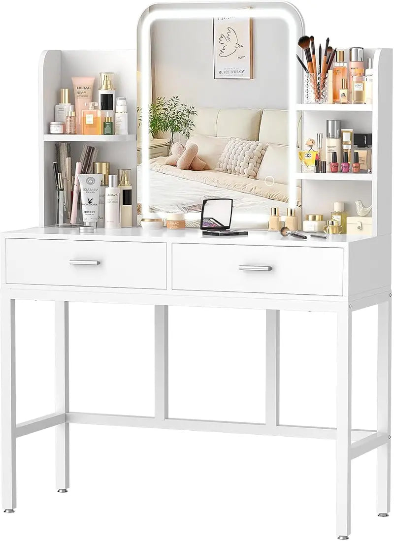 Adjustable LED Vanity Desk  White Dressing Table with Mirror, 2 Drawers, Open Shelves & 3-Color Brightness Control