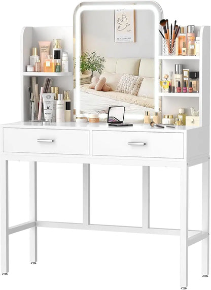 Adjustable LED Vanity Desk  White Dressing Table with Mirror, 2 Drawers, Open Shelves & 3-Color Brightness Control