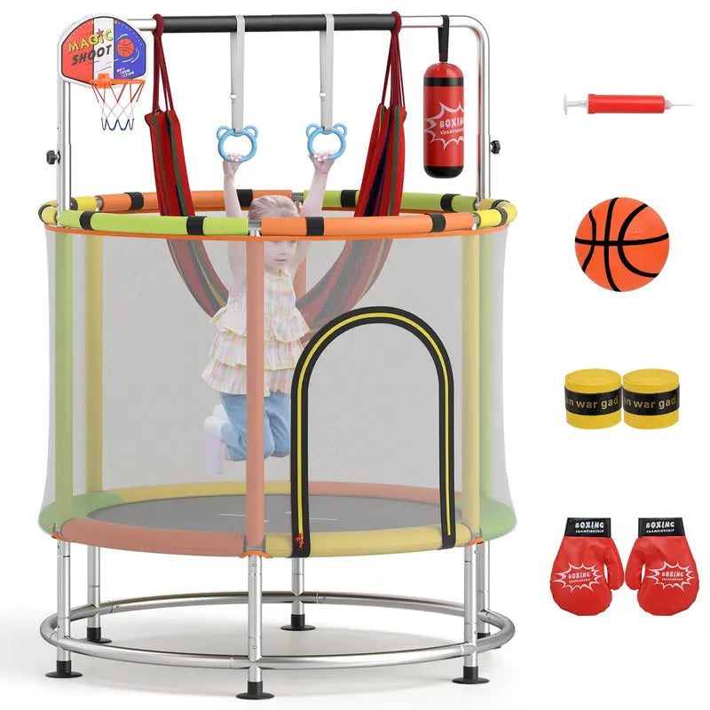 55-Inch Kids’ Mini Trampoline  Heavy-Duty Bouncer with Hammock & Enclosed Safety Net