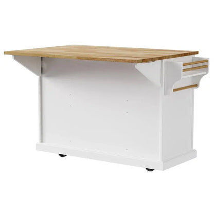 White Rolling Kitchen Island Cart  Drop-Leaf Wood Top, Embossed Finish, Doors & Drawers