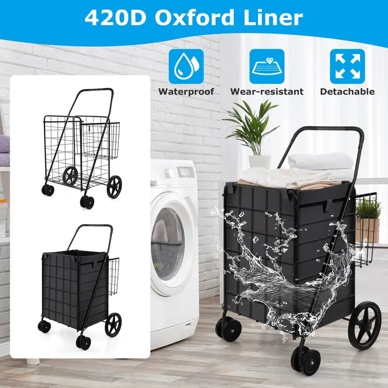 Heavy-Duty Folding Grocery Cart  330-LB Capacity, Dual Baskets, and 360° Swivel Wheels