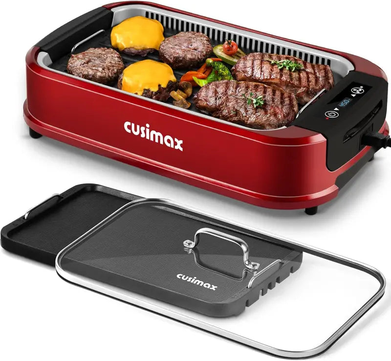 CUSIMAX Smokeless Indoor Grill: Turbo Smoke Extraction, Non-Stick Removable Plate, Tempered Glass Lid, and Compact Korean BBQ Design