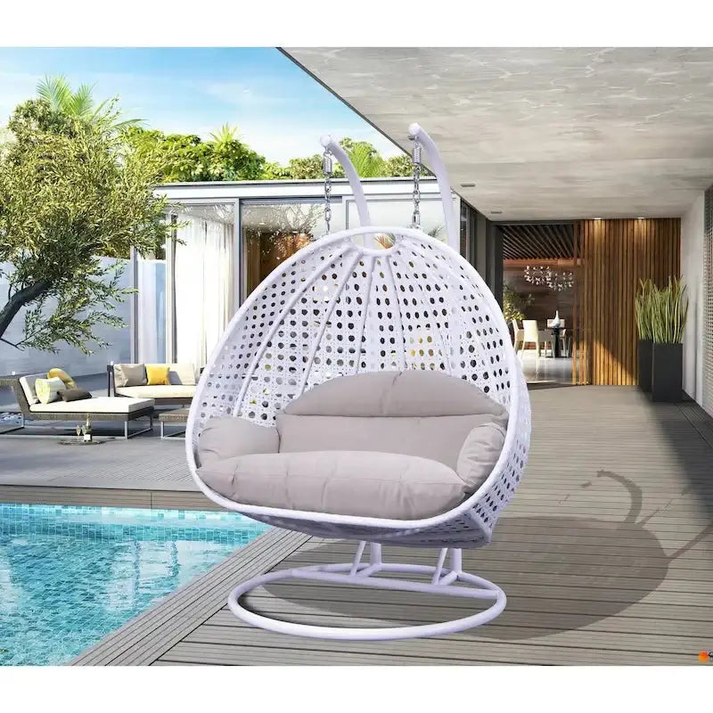 LeisureMod 2-Person Hanging Egg Chair  Indoor/Outdoor Rattan Wicker Swing with Stand and Cushioned Lounger