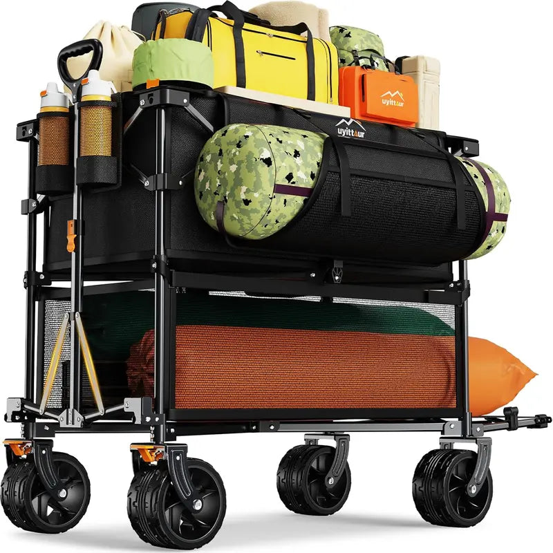 50″ Outdoor All-Terrain Double-Decker Wagon  400L Collapsible Sports & Utility Cart for Camping & Transport