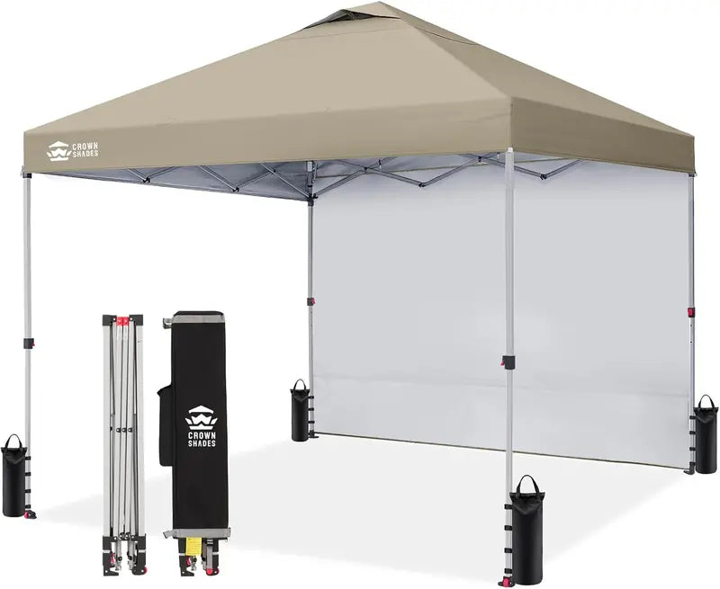 CROWN SHADES 10′ x 10′ Pop-Up Canopy with Single Sidewall: Portable Event Shelter for Parties, Campgrounds, and Outdoor Markets — Includes STO-N-Go Carry Bag
