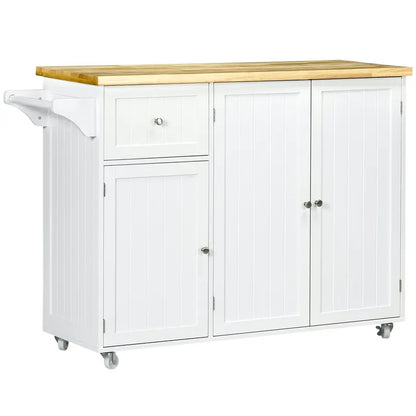 HOMCOM Rolling Kitchen Island on Wheels, Utility Serving Cart with Rubber Wood Top, Towel Rack, Storage Cabinets and Drawer, White