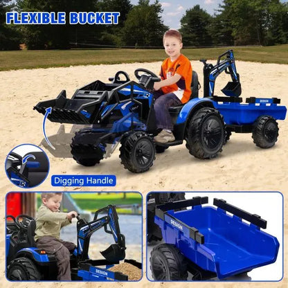 24V 3-in-1 Ride-On Tractor  Excavator & Bulldozer Functions, Remote Control, LED Lights, Bluetooth Audio (Blue)