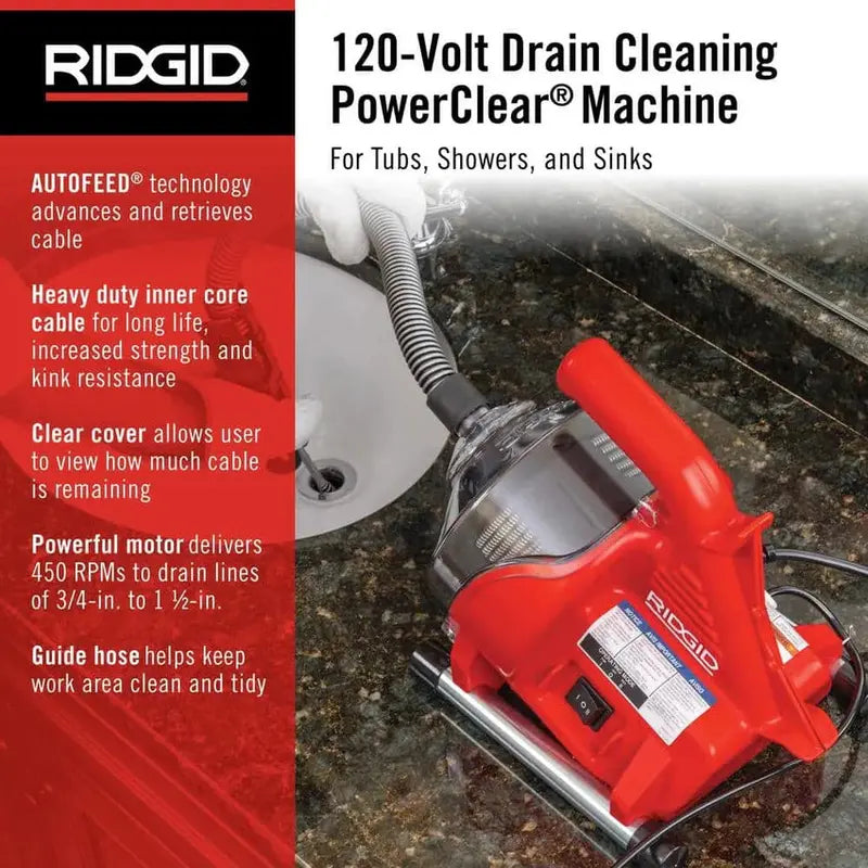 RIDGID PowerClear Drain Snake  120V Heavy-Duty Auger for Sinks, Showers &amp; Tubs (Model 55808)