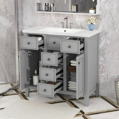Modern Bathroom Vanity Featuring Ceramic Sink, Dual Cabinets, and Five-Drawer Storage