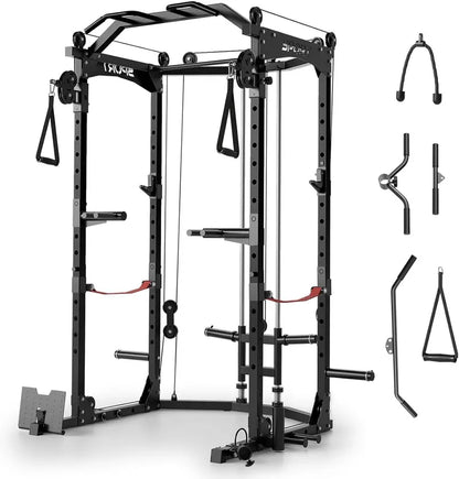 Heavy-Duty Power Cage  2000LB Capacity, Dual Pulley Cable System, Squat Rack & Multi-Attachment Home Gym