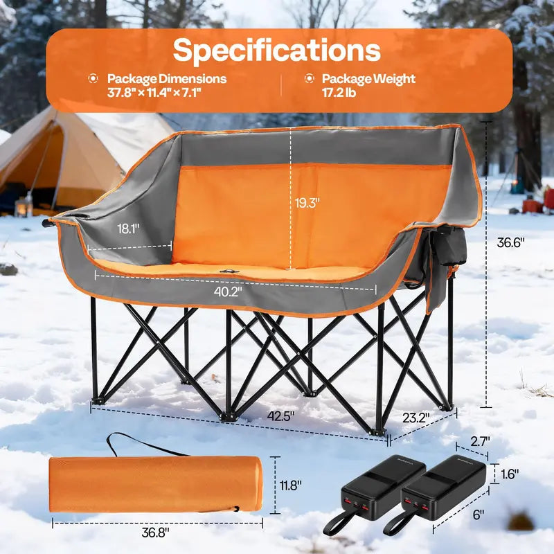 Heated Dual-Seat Camping Loveseat  Integrated Power Bank Ports & Cup Holders