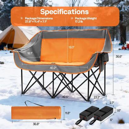 Heated Dual-Seat Camping Loveseat  Integrated Power Bank Ports & Cup Holders