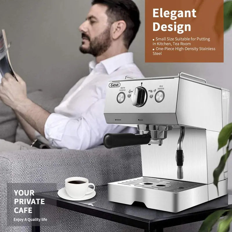 GEVI Silver Stainless Steel 15 Bar Espresso Machine 2 Shot Pump Cappuccino Maker
