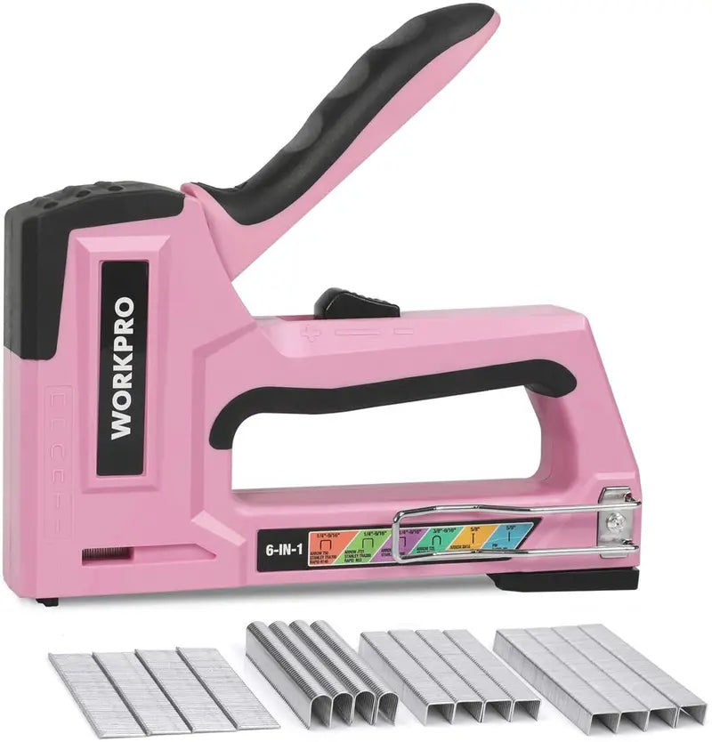 WORKPRO 6-in-1 Manual Upholstery Stapler  Pink Ribbon Finish Multi-Function Nail Gun