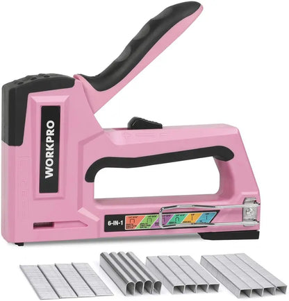 WORKPRO 6-in-1 Manual Upholstery Stapler  Pink Ribbon Finish Multi-Function Nail Gun