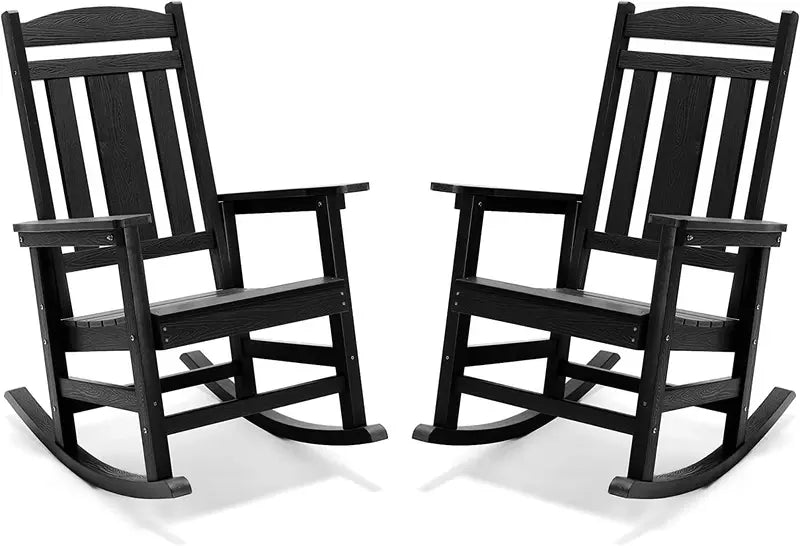 Heavy-Duty Outdoor Rocking Chair  Weatherproof Poly Plastic, 350 lb Capacity, High-Back Design for Porch or Patio (Black)