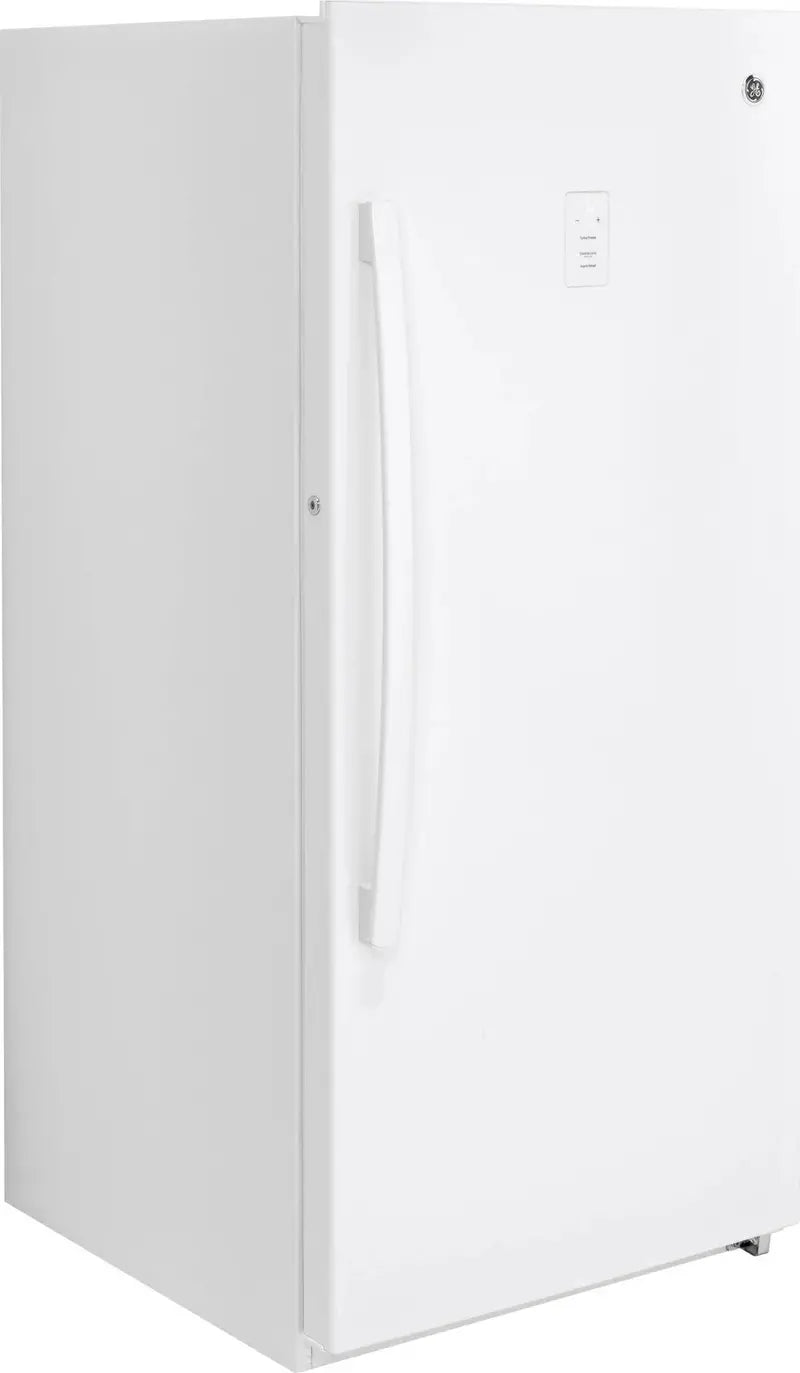 GE Frost-Free Upright Freezer  14.1 Cu. Ft., White Finish, Energy-Efficient Design