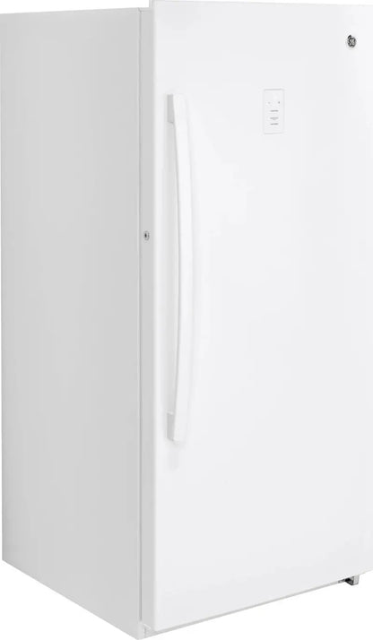 GE Frost-Free Upright Freezer  14.1 Cu. Ft., White Finish, Energy-Efficient Design