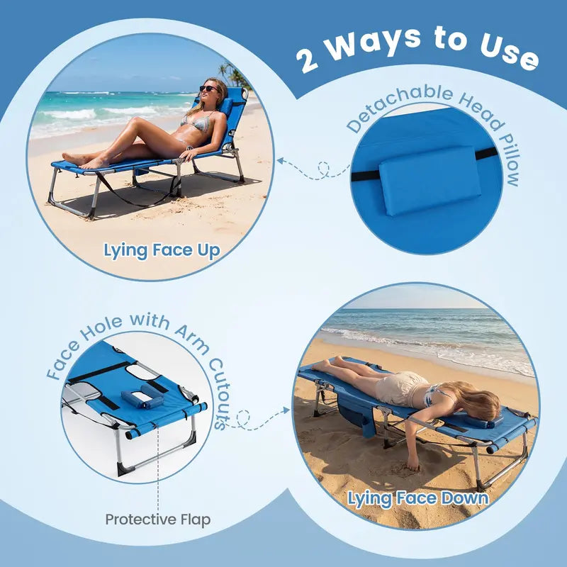 Adjustable Tanning Chair with Face Arm Holes, Four-Position Recline & Comfort Head Pillow