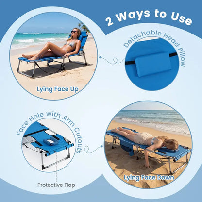 Adjustable Tanning Chair with Face Arm Holes, Four-Position Recline & Comfort Head Pillow