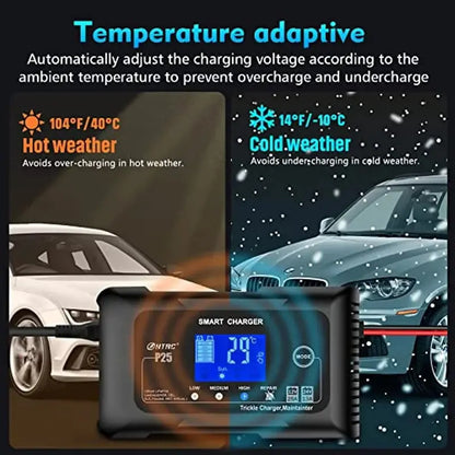 25A Smart Battery Charger  Dual-Voltage (12V/24V), Lithium & AGM Compatible, Trickle/Maintainer/Deep-Cycle Function