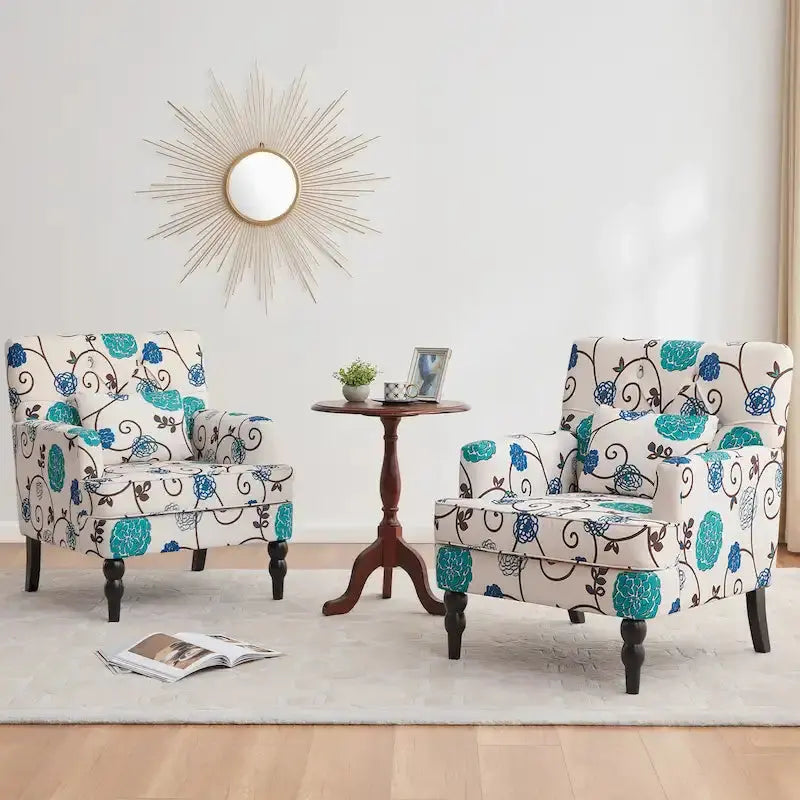 Set of 2 Button-Tufted Accent Chairs  Upholstered Armchairs with Lumbar Support Pillows in Beige, Grey, or Light Blue