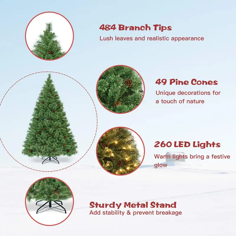 6-Foot Pre-Lit Flowering Christmas Tree  Hinged Artificial Pine with Built-In Lights