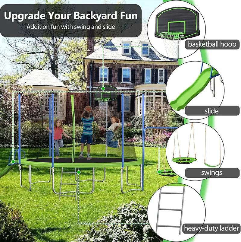 LISUEYNE 12ft Trampoline with Slide and Swing,Recreational Trampoline with Basketball Hoop and Ladder,Outdoor Fitness Trampoline for Kids Adults,1000 LBS Weight Capacity