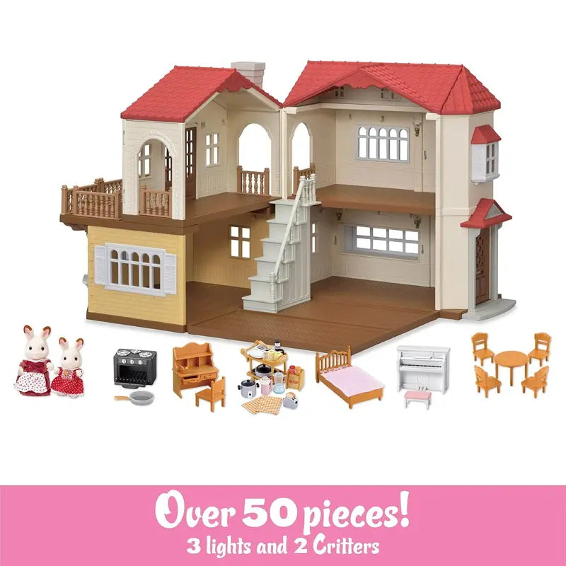 Calico Critters Red Roof Country Home  Interactive Dollhouse Playset with Miniature Furniture, Figures & Accessories
